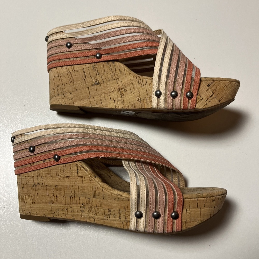 Lucky Brand Mykayla Cork Wedge Sandals Size 8.5 Pink Beige Slide Coastal Heels